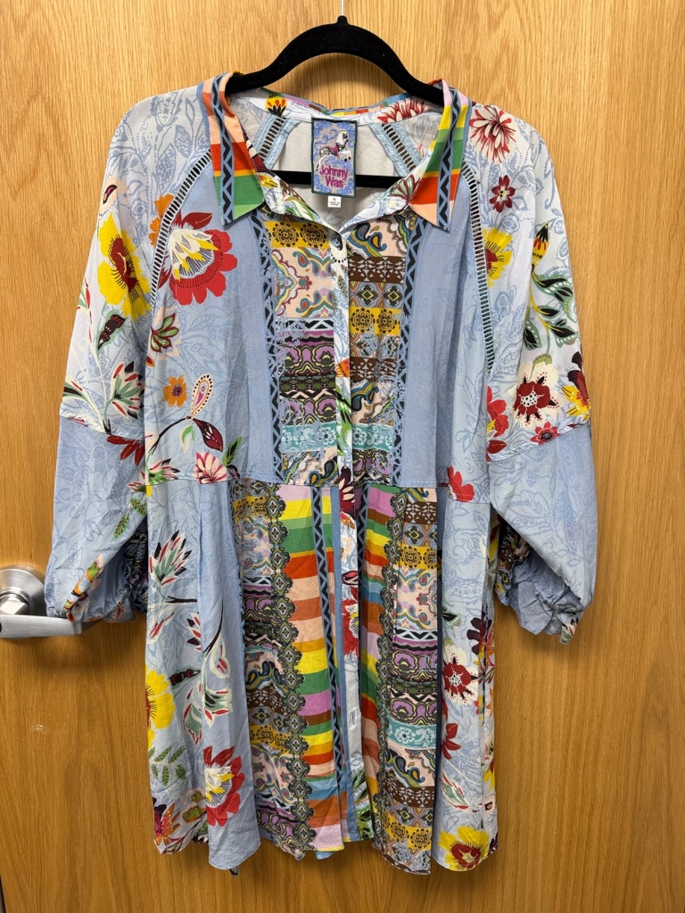 Johnny Was 100% Silk Multicolor Patchwork Floral Button Tunic